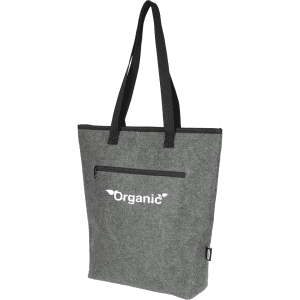 A grey cooler tote bag with black straps, featuring a front zip pocket and a logo. Suitable for carrying drinks or snacks.