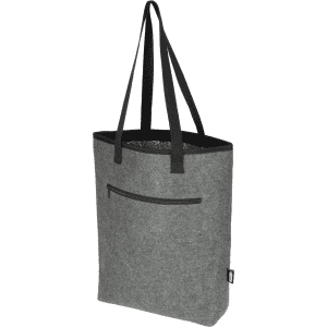 A grey felt cooler tote bag with black handles and a zippered pocket, featuring a branded label.
