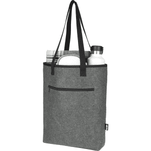 A grey recycled felt cooler tote bag contains a drink bottle, a towel, and features a pocket and black handles.