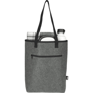 A grey cooler tote bag with a water bottle, a plate, and a checkered cloth visible inside. Features a front zip pocket.