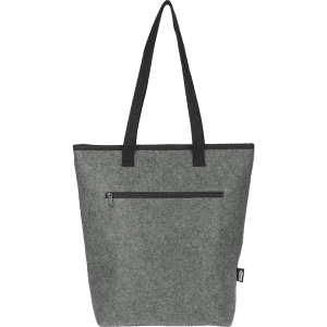 A grey cooler tote bag with black handles and a zippered front pocket, featuring a logo.
