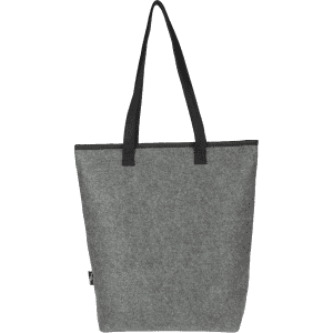 A grey felt cooler tote bag with black straps, featuring a simple design and a branding label.
