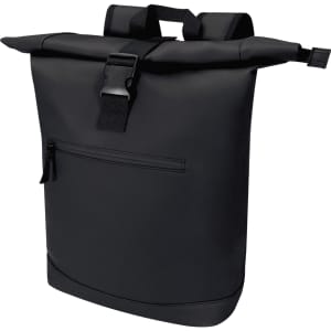 A black recycled roll-top backpack with adjustable straps and a zippered pocket on the back. It also features a logo.