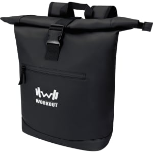 A black roll-top backpack with adjustable straps and a front zipped pocket, featuring a logo.