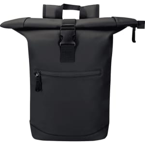 A black roll-top backpack with a secure buckle, featuring a front zipper pocket and sturdy handles on top.