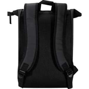 A black roll-top backpack featuring padded adjustable straps and a mesh back for comfort. It has a logo on the exterior.
