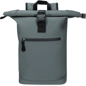 A grey roll-top backpack featuring a zippered front pocket and a secure buckle closure. Brand logo present.
