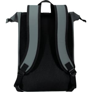A grey and black roll-top backpack featuring padded straps and a mesh back. Includes a logo on the exterior.