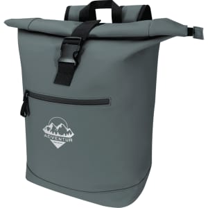 A grey roll-top backpack with a front zip pocket and a logo. Features adjustable straps for carrying.