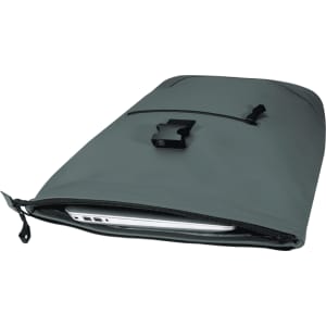 A grey roll-top backpack with a zippered compartment containing a laptop and an exterior pocket, featuring a logo.
