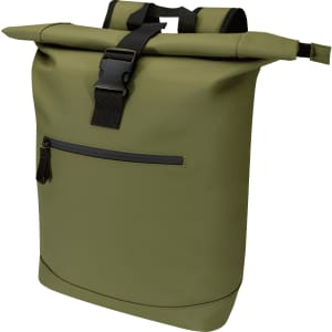 A green roll-top backpack with a front zip pocket and adjustable straps, featuring a logo on its side.