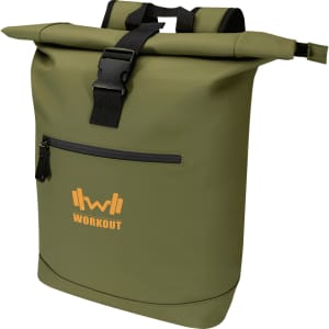 A green recycled roll-top backpack with a front zip pocket and a logo, featuring adjustable straps.