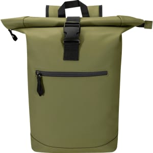 A recycled roll-top backpack in olive green with a front zip pocket and adjustable straps. Features a logo.