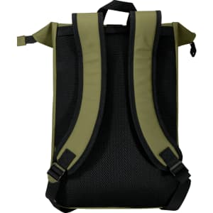 An olive green roll-top backpack featuring padded mesh shoulder straps and a top handle. It includes a logo.