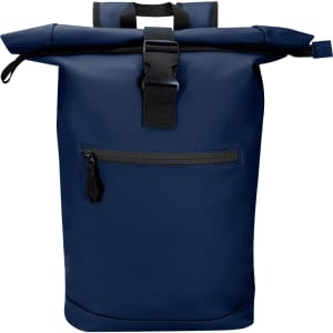 A navy blue roll-top backpack with a front zip pocket and a buckle closure, featuring a logo on the front.