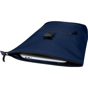 A navy recycled roll-top backpack with a zipper and clip closure, featuring a visible laptop compartment.