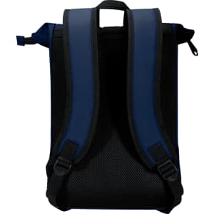 A navy blue roll-top backpack with padded straps and a mesh back for comfort. It features a logo on the exterior.