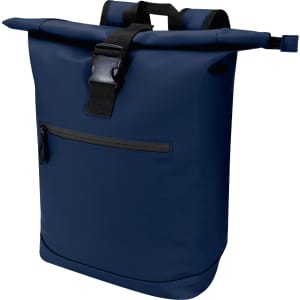 A navy blue roll-top backpack with a front zip pocket and adjustable straps. It features a logo on the side.