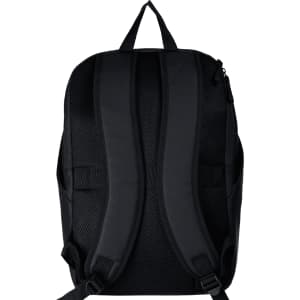 A black backpack with padded straps and a mesh back, featuring a zip closure and a logo.