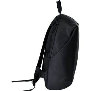 A black anti-theft backpack with a sleek design and padded straps, featuring a zippered closure and logo.