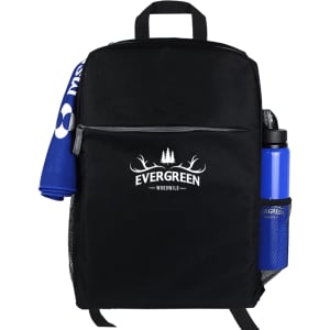 A black backpack with a logo, featuring a drink bottle and a folded blue towel in the side pocket.