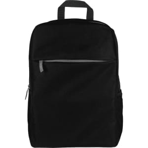 A black urban sports backpack featuring a front zip pocket and side pockets, with a simple design and handle.