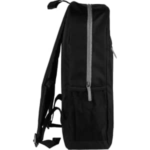 A black urban sports backpack with a zip closure and a side mesh pocket. It has adjustable shoulder straps and a logo.