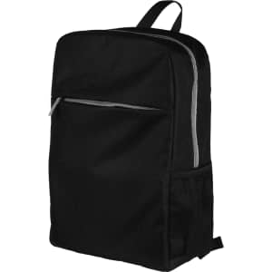 A black Urban Sports Backpack with a front zip pocket and a side mesh pocket. It features a logo on the front.