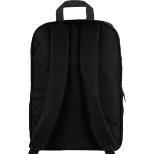 A black urban sports backpack with a simple design and adjustable straps on the back. It has a logo on it.