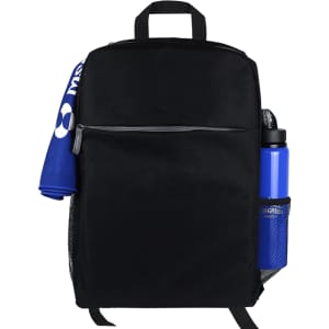 A black backpack with a mesh side pocket containing a blue drink bottle and a blue towel hanging on the front.