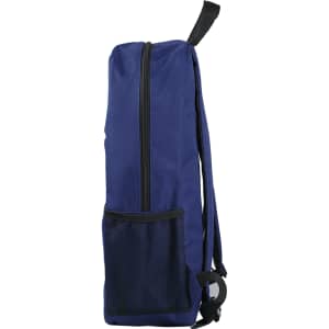 A blue Urban Sports Backpack featuring a zip closure and a mesh side pocket, with a logo.