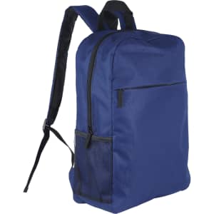A navy blue backpack featuring a front zip pocket and a side mesh pocket, equipped with adjustable straps.
