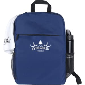 A navy blue backpack with a logo, a water bottle in a side pocket, and a white towel attached.