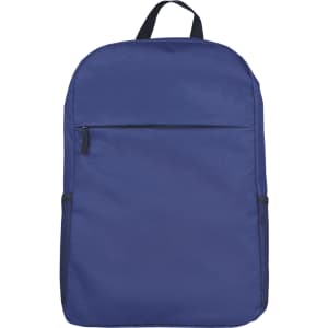 A navy blue backpack with a front zip pocket and side mesh pockets, featuring a logo on the front.