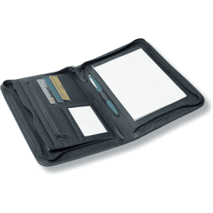 A5 zippered compendium in black, featuring a notepad, pen holder, card slots, and a zippered pocket.
