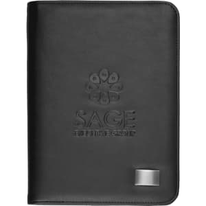 A5 zippered compendium in black leather with a logo and metal badge on the front.