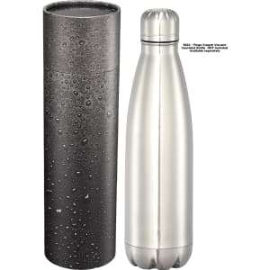 A drink bottle in a sleek silver finish, featuring a polished design and a textured black storage tube, both with water droplets.