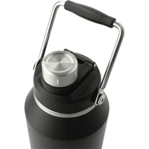 A drink bottle in matte black with a stainless steel lid and handle, featuring a logo on the body.