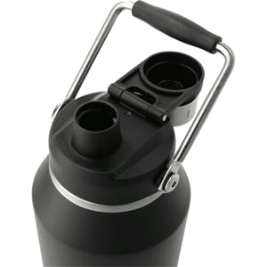 A drink bottle with a stainless steel handle, black finish, and dual opening for easy pouring.