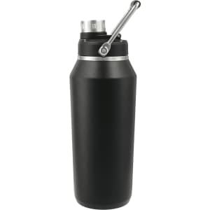 A drink bottle in matte black, featuring a stainless steel cap and a handle, designed for vacuum insulation.