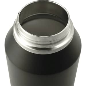 A drink bottle with a matte black finish and a stainless steel opening, showcasing its vacuum insulated design.