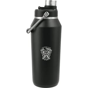 A drink bottle in matte black with a silver cap, featuring a logo on the front.