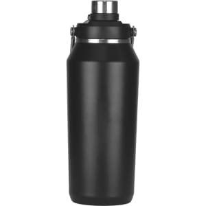 A drink bottle in matte black with a stainless steel lid and a metal attachment. Features a sleek, insulated design.