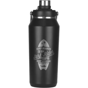 A drink bottle in matte black with a stainless steel top and a logo. It features a vacuum insulated design.