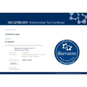 A certificate displaying the antimicrobial test results for the Hygiene Key, featuring a blue and white design with a logo.