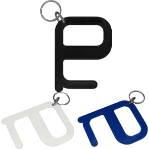 A set of Hygiene Keys in black, white, and blue, featuring a keyring attachment for easy carrying.