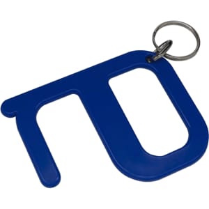 A blue hygiene keyring with a keychain, featuring a unique, shaped design. It has a metallic keyring attachment.