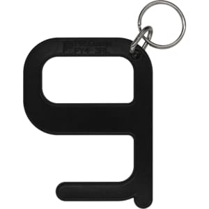 A black Hygiene Key shaped like a number nine, attached to a metal keyring.