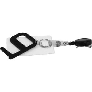 A black Hygiene Key attached to a retractable badge holder, featuring a clear card holder.