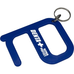 A blue Hygiene Key with a keyring attachment, featuring a logo and a unique shape.